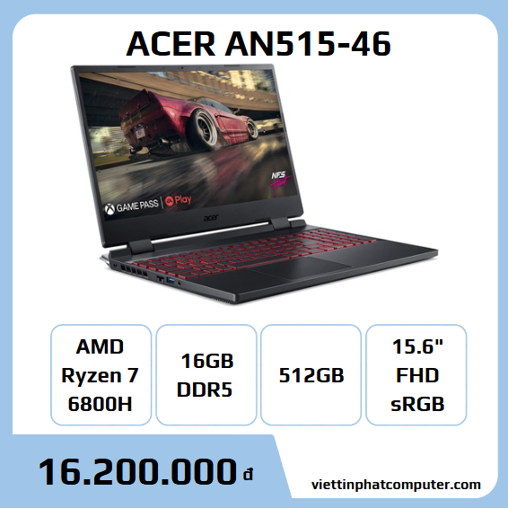 Acer Nitro AN515-46 Ryzen7 6800H RAM 16G SSD 512G RTX3060 6G 15.6” FHD 165Hz