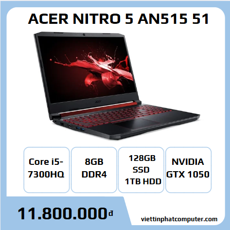 Acer Nitro 5 AN515 51 core I5 7300H ram 8G ssd 128 HDD 1TB, GTX 1050, 15.6IN FHD