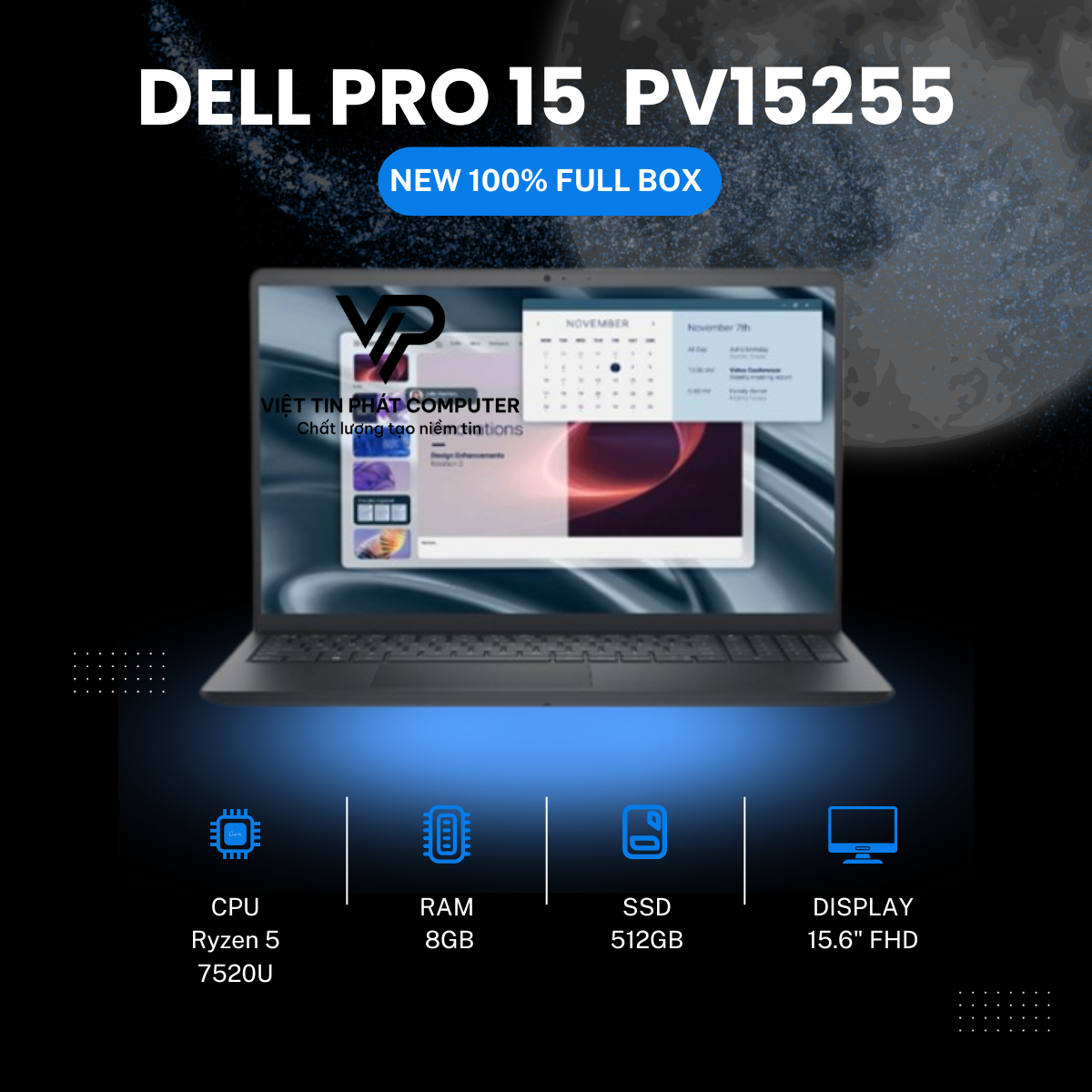 [ New] DELL PRO 15 ESSENTIAL PV15255 /  AMD Ryzen 5 7520U / Ram 8GB D5 / SSD 512GB /Màn hình 15.6 FHD /  Bàn phím US ENG/KB / Hệ điều hành  UBUNTU / Màu Black
